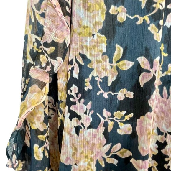 Lauren Conrad Ruffle Sleeve Floral Blouse 2X | Black Pink Romantic Chiffon Top - Picture 8 of 16